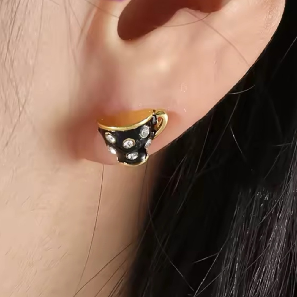 Alice In Wonderland Gold Enameled Black & White Teapot & Teacup Stud Earrings - Picture 4 of 10